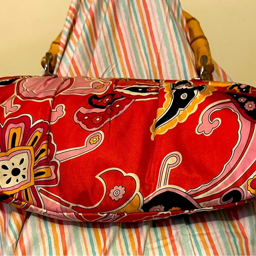 EUC Banana Republic purse with bright paisley/floral pattern and bamboo handles